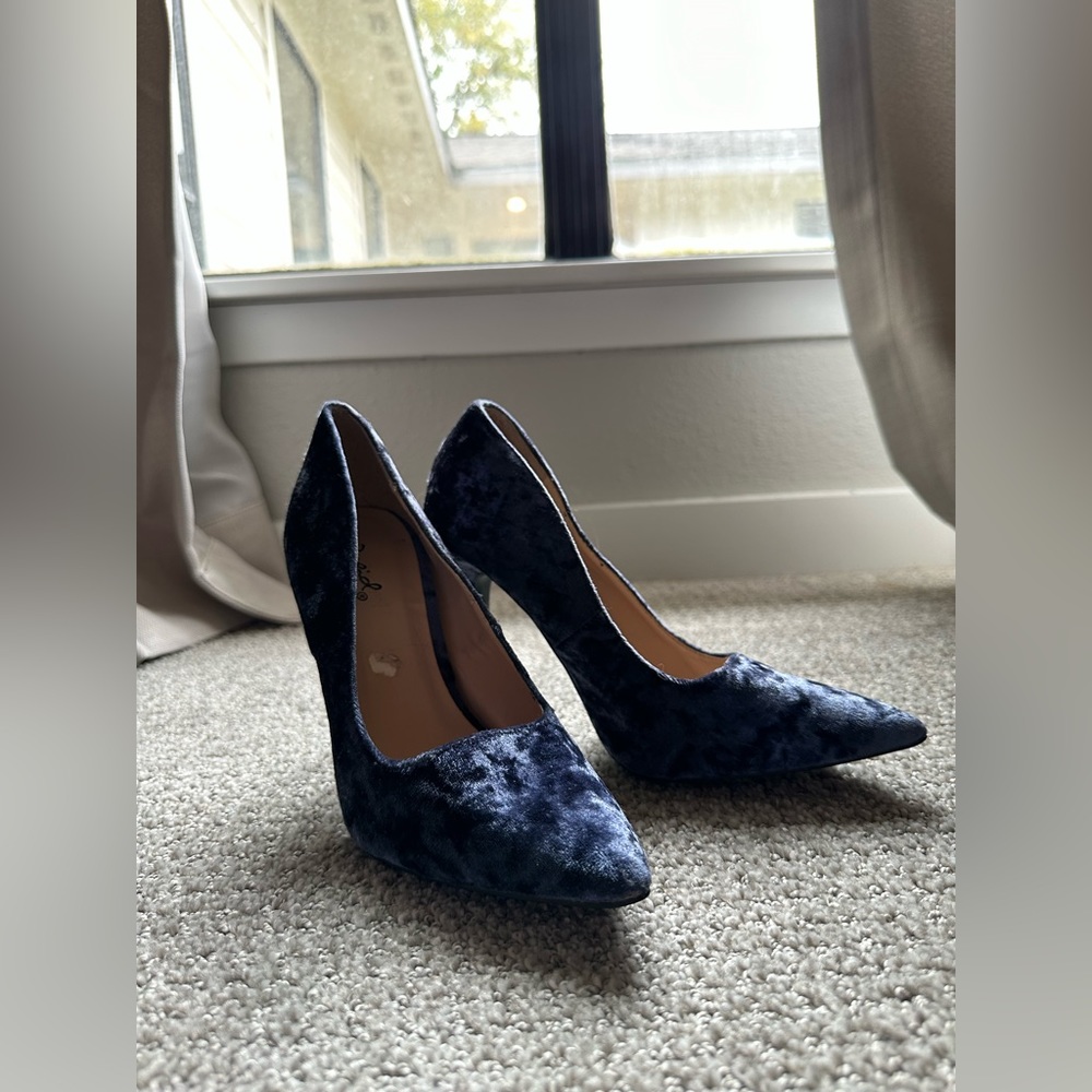 Qupid Blue Velvet Pointy Toe High Heel Shoes